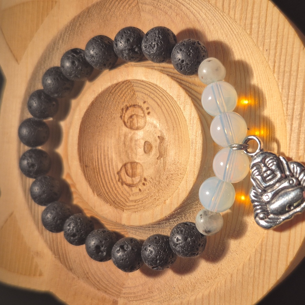 Opal and kiwi jasper with Buddha charm lava bead bracelet